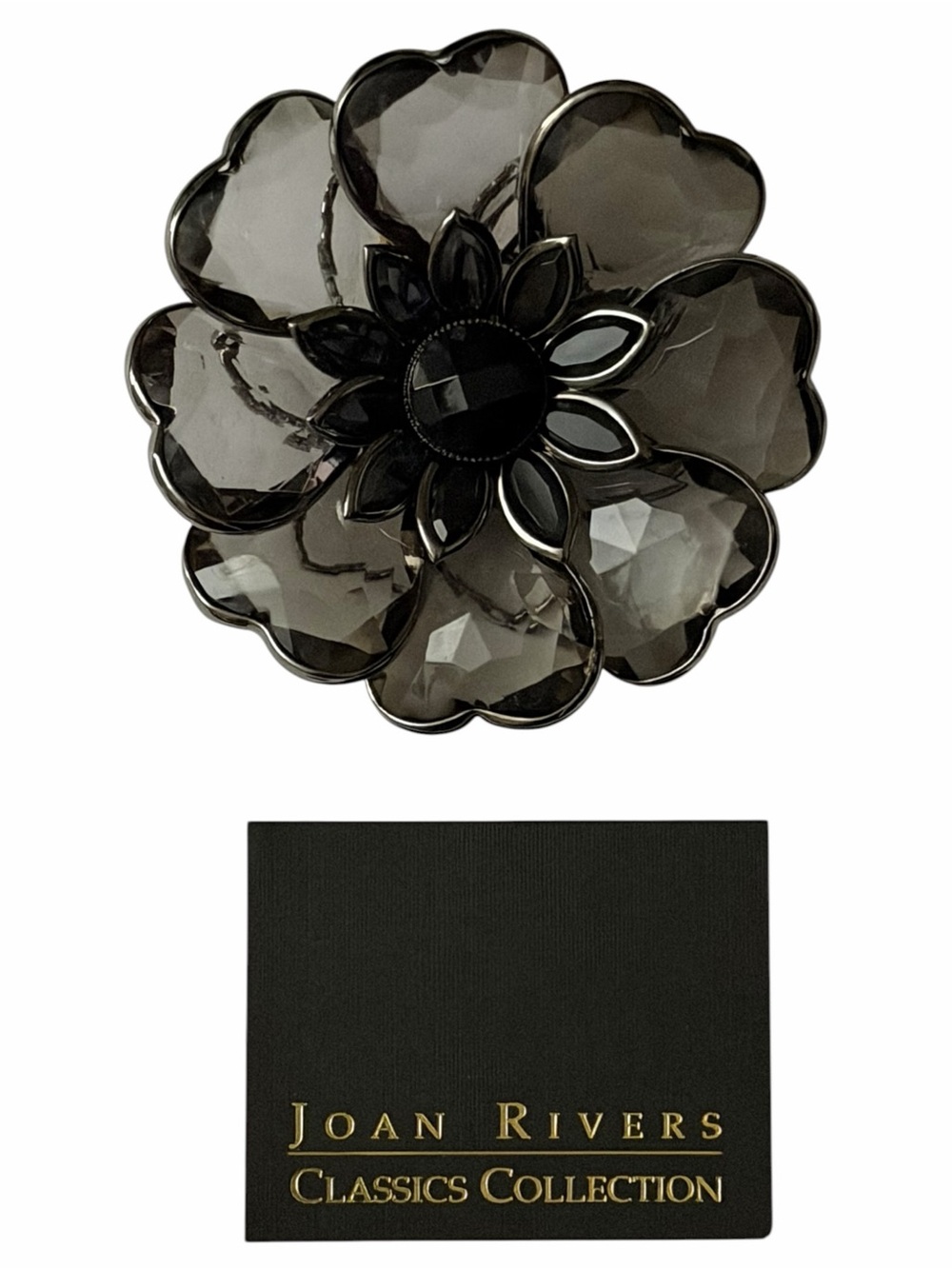 NIB Vintage Joan Rivers Large Smoky Gray Flower Lucite Brooch New in Box Signed